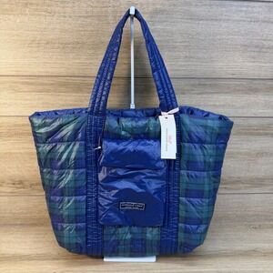NWT $148 Vineyard Vines 18" Quilted Green Plaid Reversible Puffer Tote Bag Purse